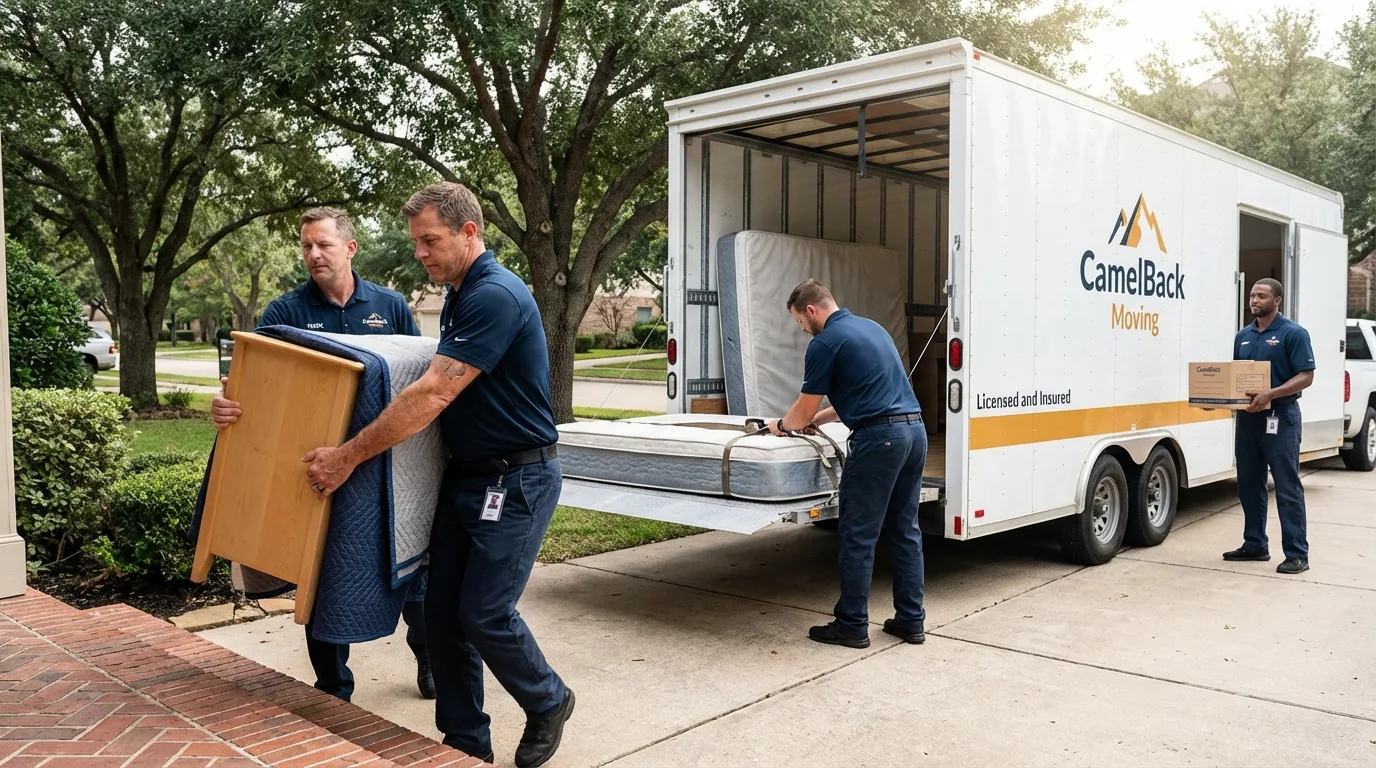 Crew loading residential truck for cross-state move from Shafter, CA