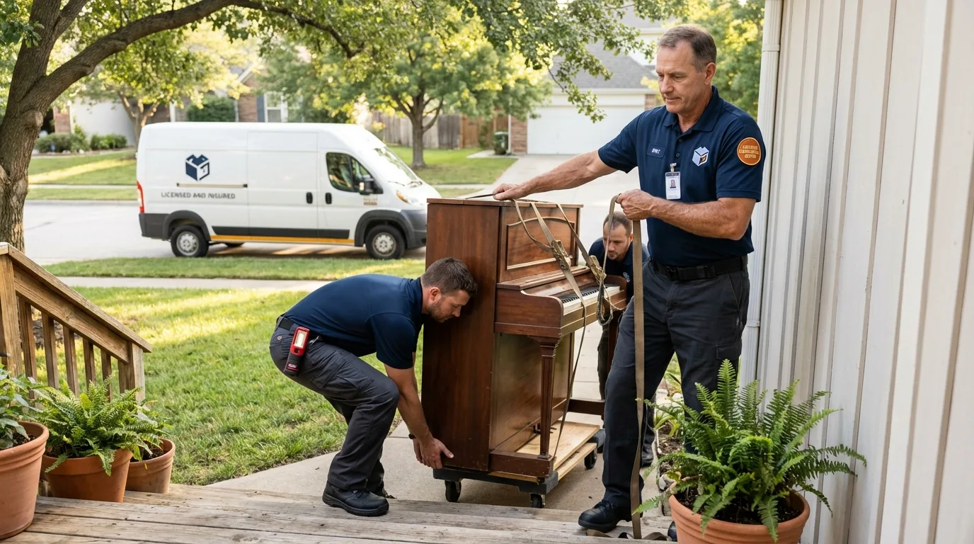 Licensed piano movers securing grand piano in Shafter, CA