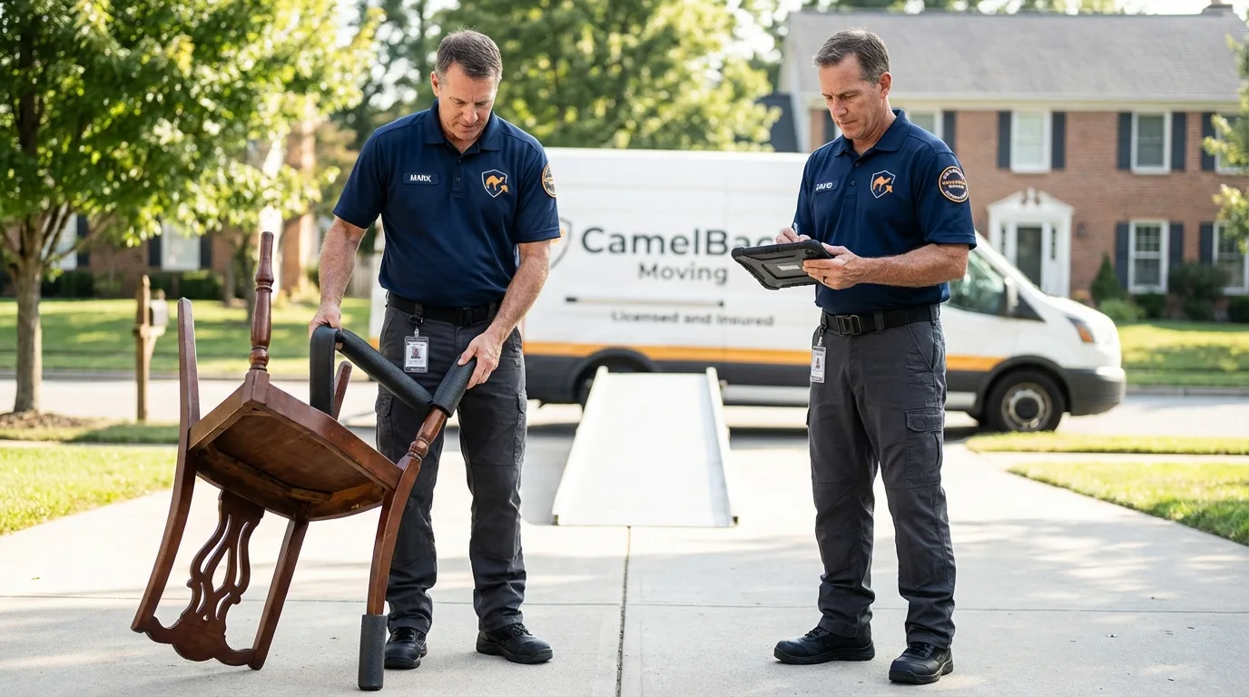 Movers inspecting furniture for damage prevention before loading in Shafter, CA