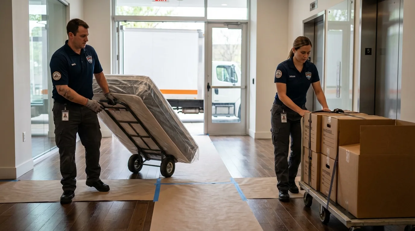 Professional apartment movers loading elevator in Shafter, CA